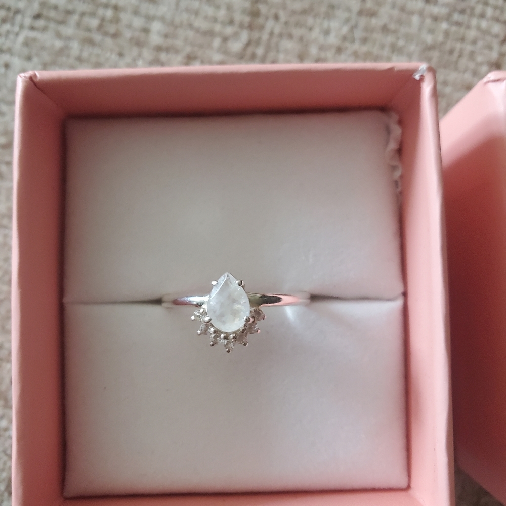 Brand New Moon Magic Halo Semi Pear Moonstone, White Sapphire